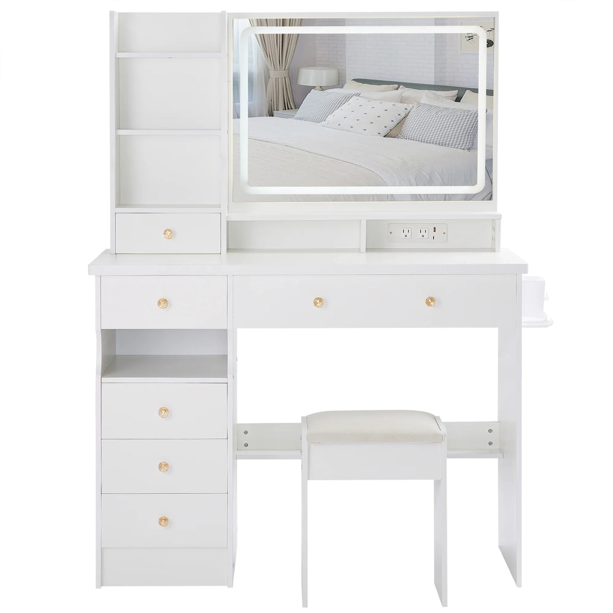Vanity Desk Set With Cushioned Stool And Large Mirror White - Furniture Home Direct