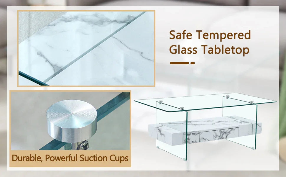 Coffee Table Glass Top Marble Base Modern Style White - Furniture Home Direct