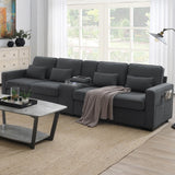 Upholstered Sofa With Console, 2 Cupholders And 2 USB Ports Wired Or Wirelessly Charged, Modern Linen Fabric Couches With 4 Pillows For Living Room, Apartment (4-Seat) - Furniture Home Direct