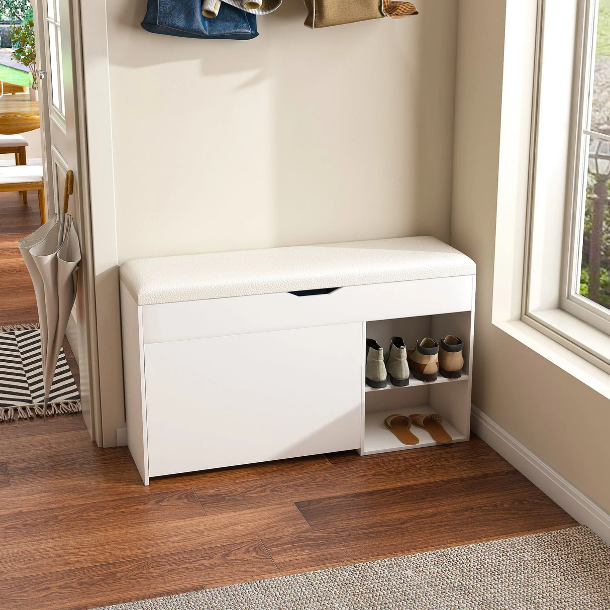 Modern Design Entryway Bench With Adjustable 3 Tier Flip-Up Drawers And Hidden Cabinet - White - Furniture Home Direct