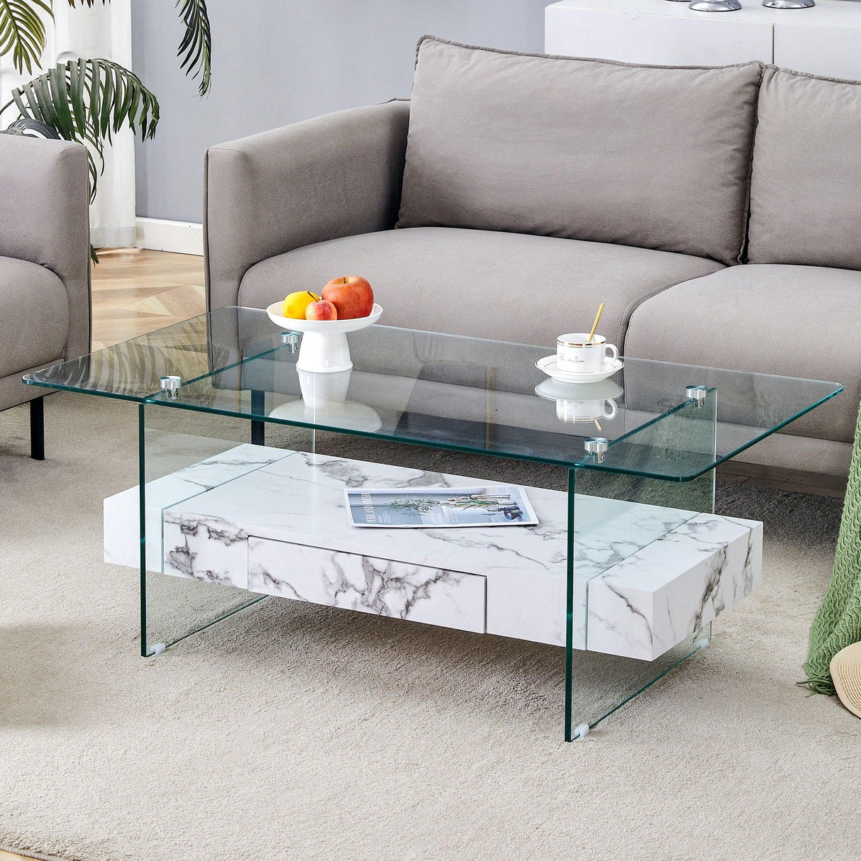 Modern 2 Tier Square Coffee Table, Elegant Marble Pattern - Furniture Home Direct