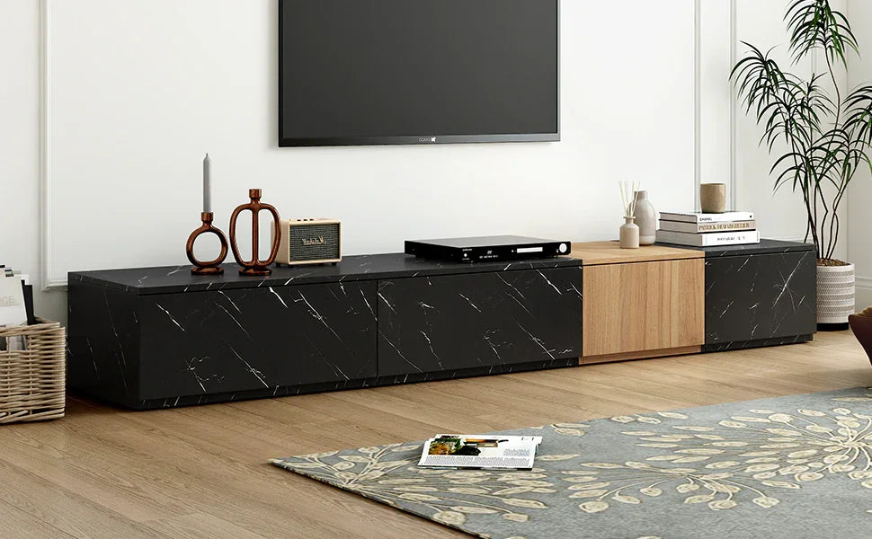 TV Stand With Faux Marble Walnut Finish Low Profile Black - Furniture Home Direct