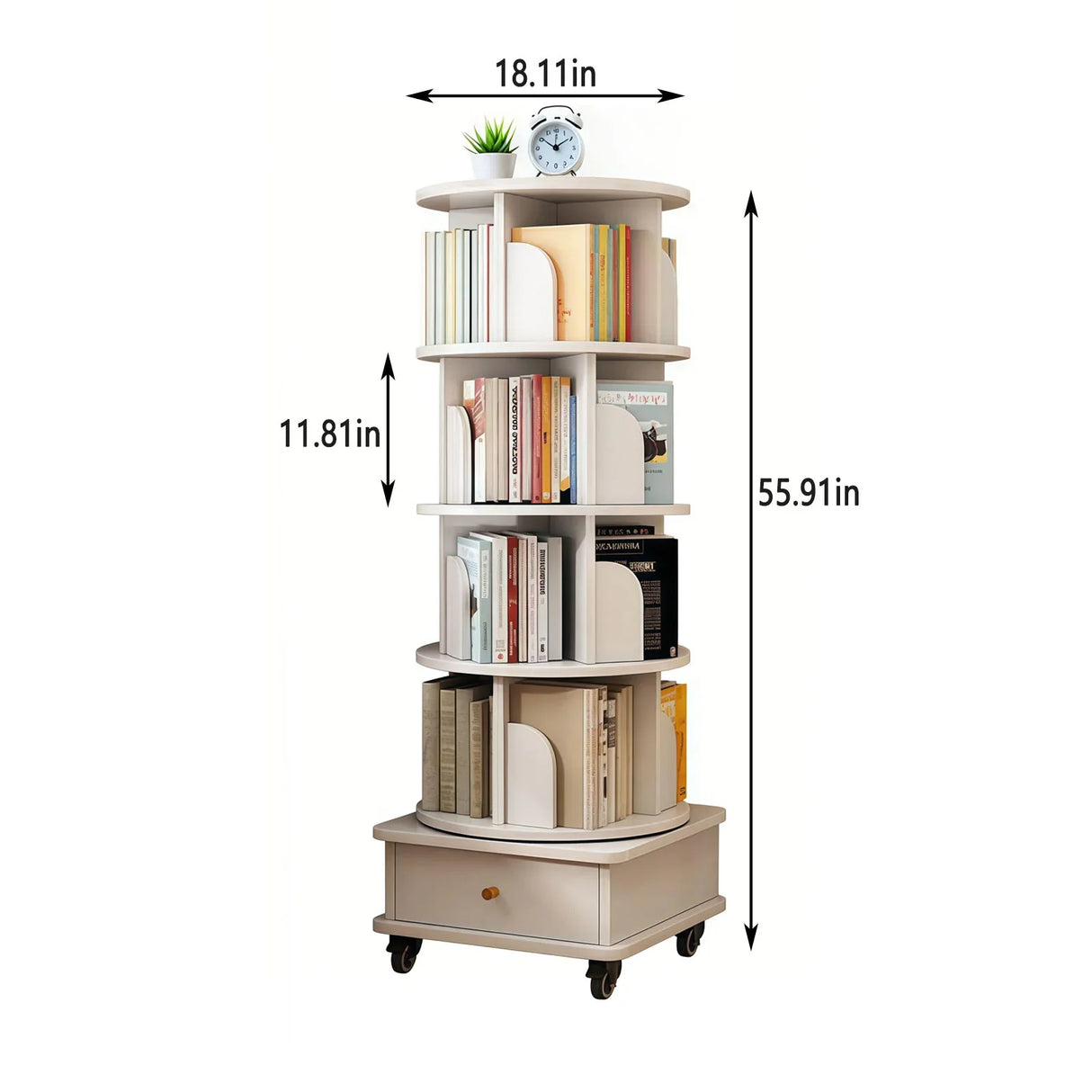 Rotating Bookshelf With Wheels And Drawer, 360° Spinning Design, Space Saving Storage - Furniture Home Direct