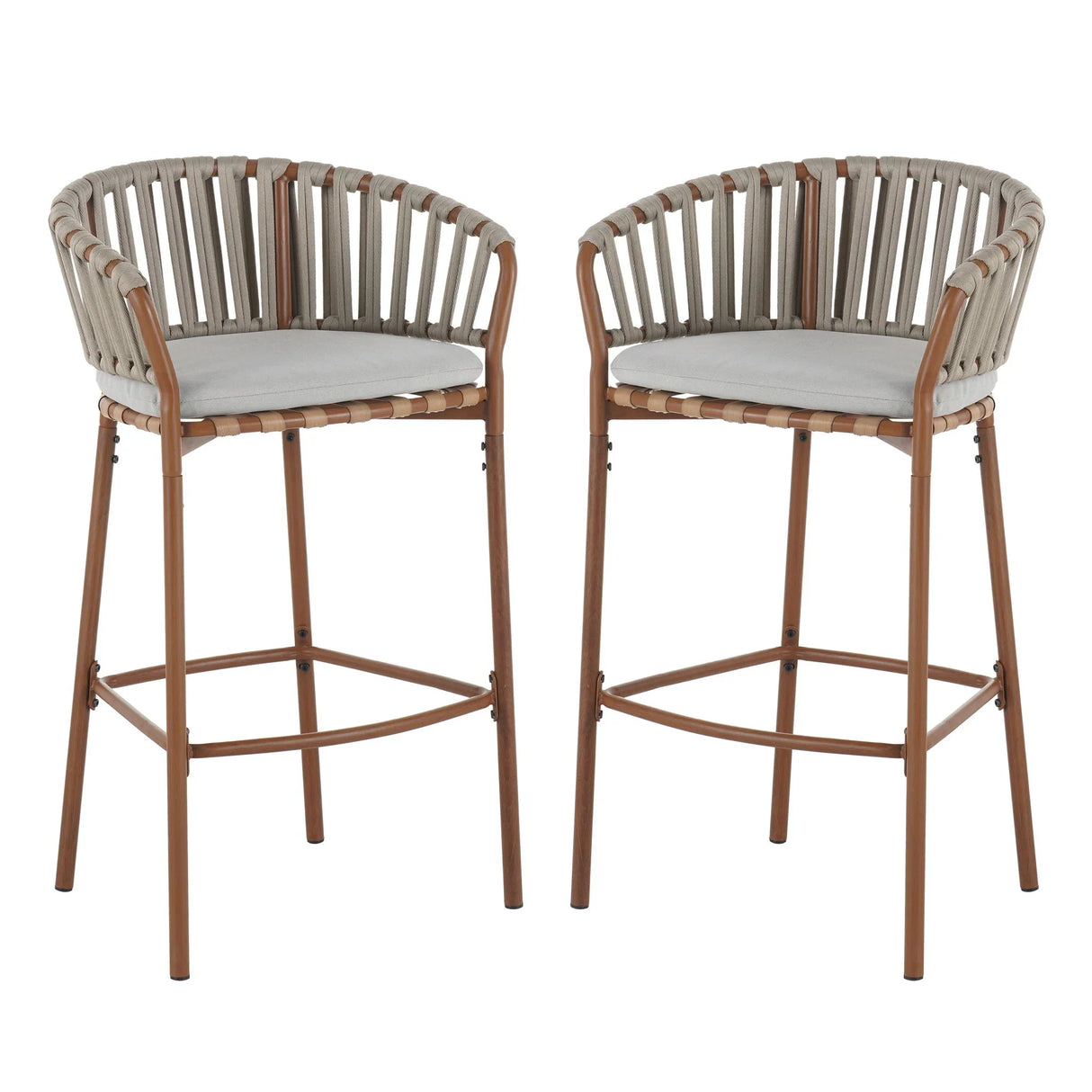 Lodi - Outdoor Matal Rope Barstool, Teak / Beige (Set of 2) - Teak / Beige