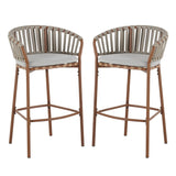 Lodi - Outdoor Matal Rope Barstool, Teak / Beige (Set of 2) - Teak / Beige