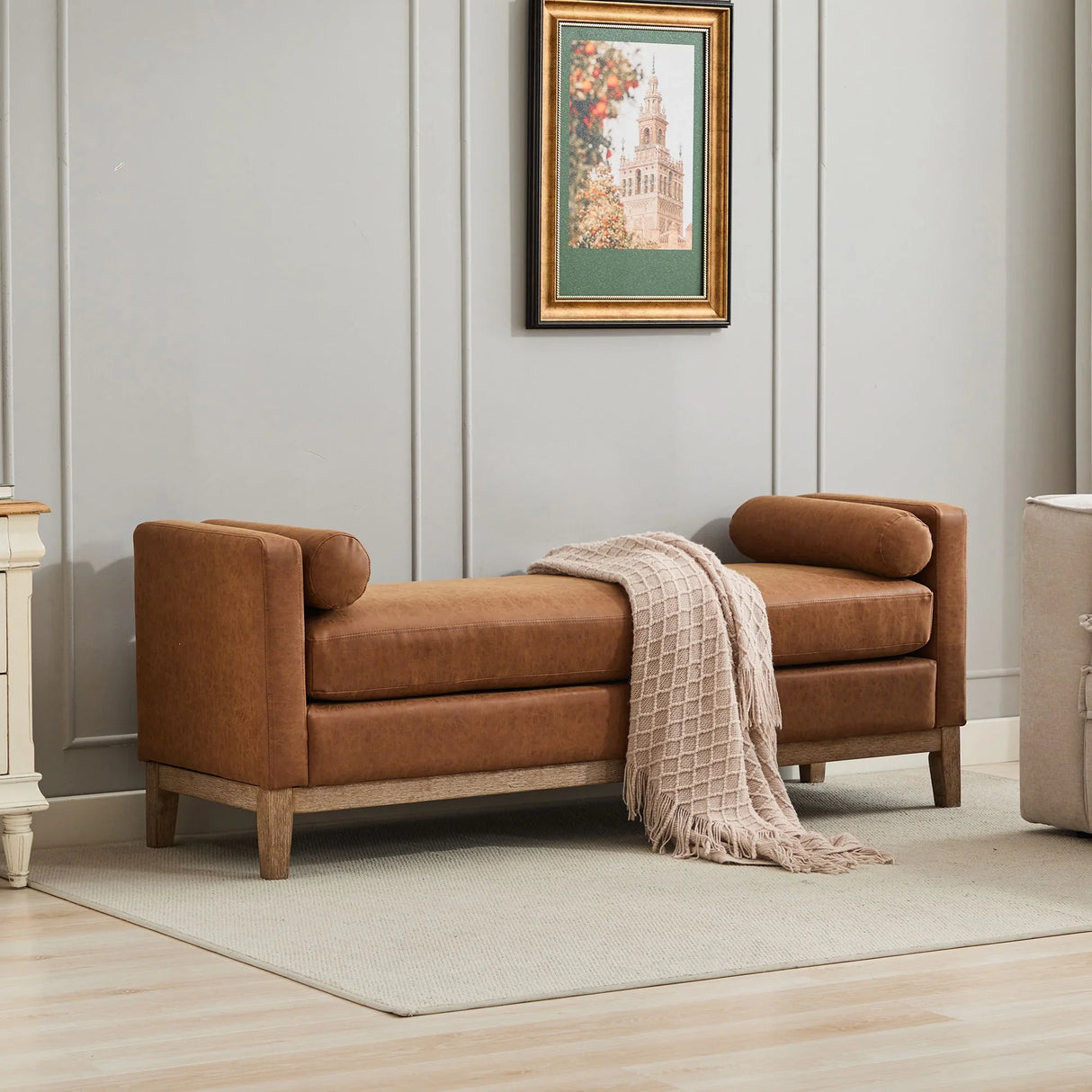 Elegant Upholstered Bench Daybed Ottoman With Bolster Pillows - Furniture Home Direct