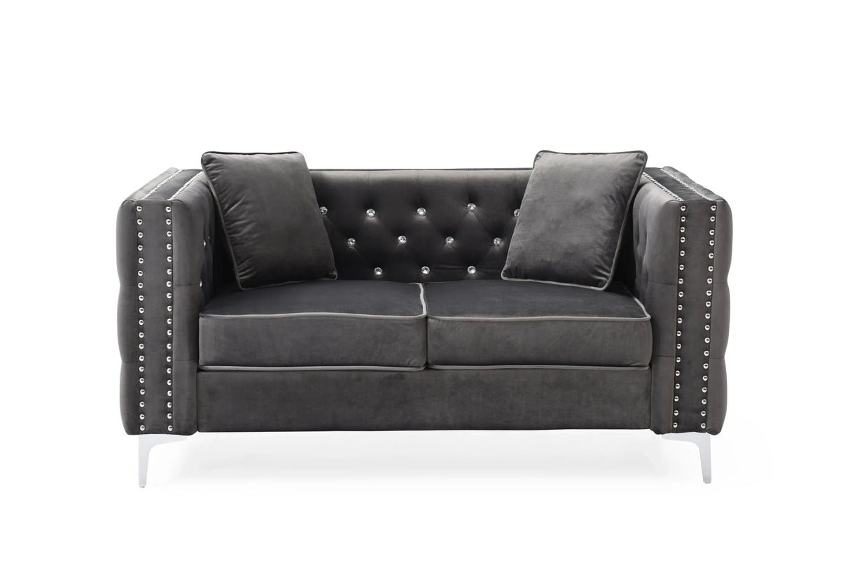 2 Piece Velvet Living Room Set with Sofa and Loveseat and 4 Pillows - Gray - Furniture Home Direct