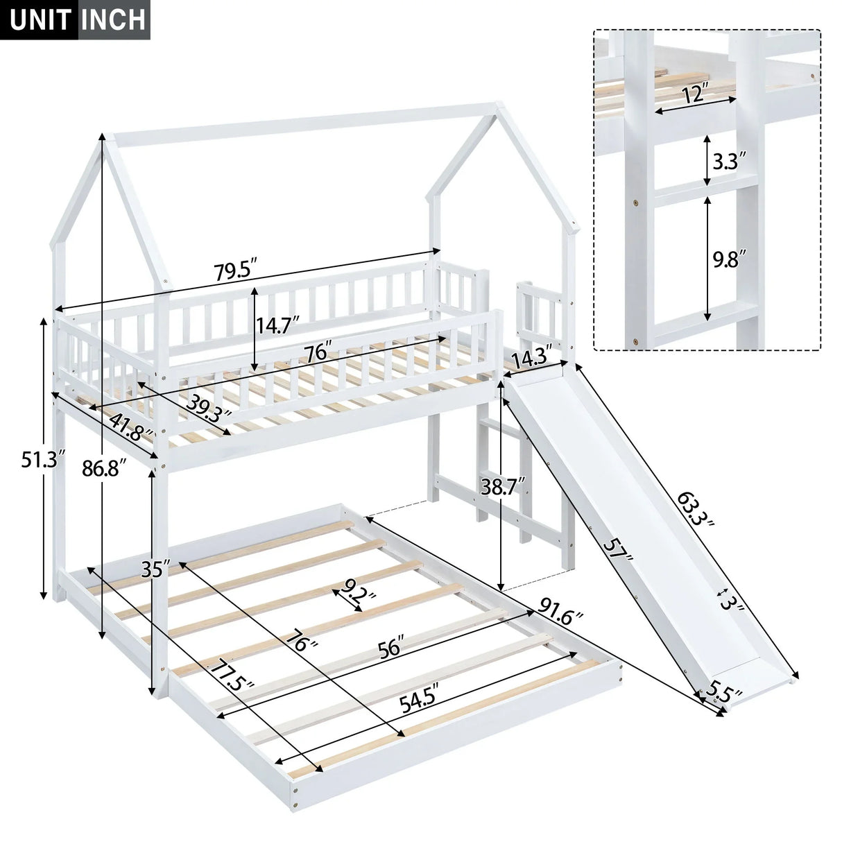 Hearth & Haven - Twin Over Full House Bunk Bed With Slide, Built In Ladder And Full Length Guardrail - White - Furniture Home Direct