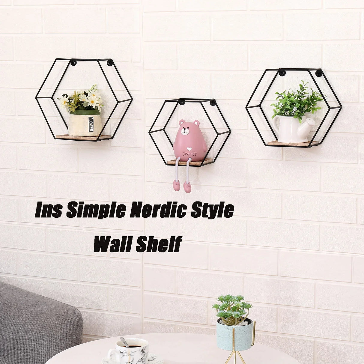 Wall Mounted Hexagonal Floating Shelves - Black (Set of 3) In Different Sizes, Modern Metal Wall Shelf, Simple Wood Partition Storage Shelves, Wall Decor Rack - Natural Wood - Furniture Home Direct