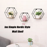 Wall Mounted Hexagonal Floating Shelves - Black (Set of 3) In Different Sizes, Modern Metal Wall Shelf, Simple Wood Partition Storage Shelves, Wall Decor Rack - Natural Wood - Furniture Home Direct