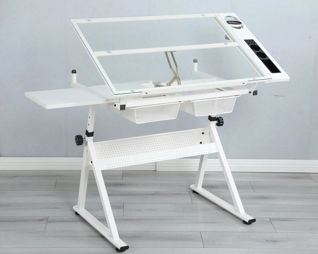 Adjustable Tempered Glass Drafting Printing Table With Chair - Furniture Home Direct