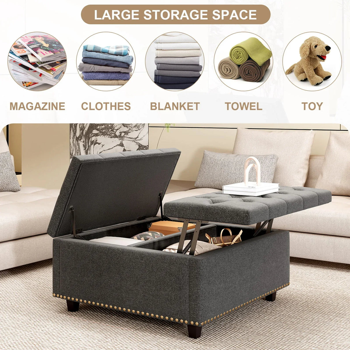 Large Square Storage Ottoman With 2 Storage Doors - Furniture Home Direct