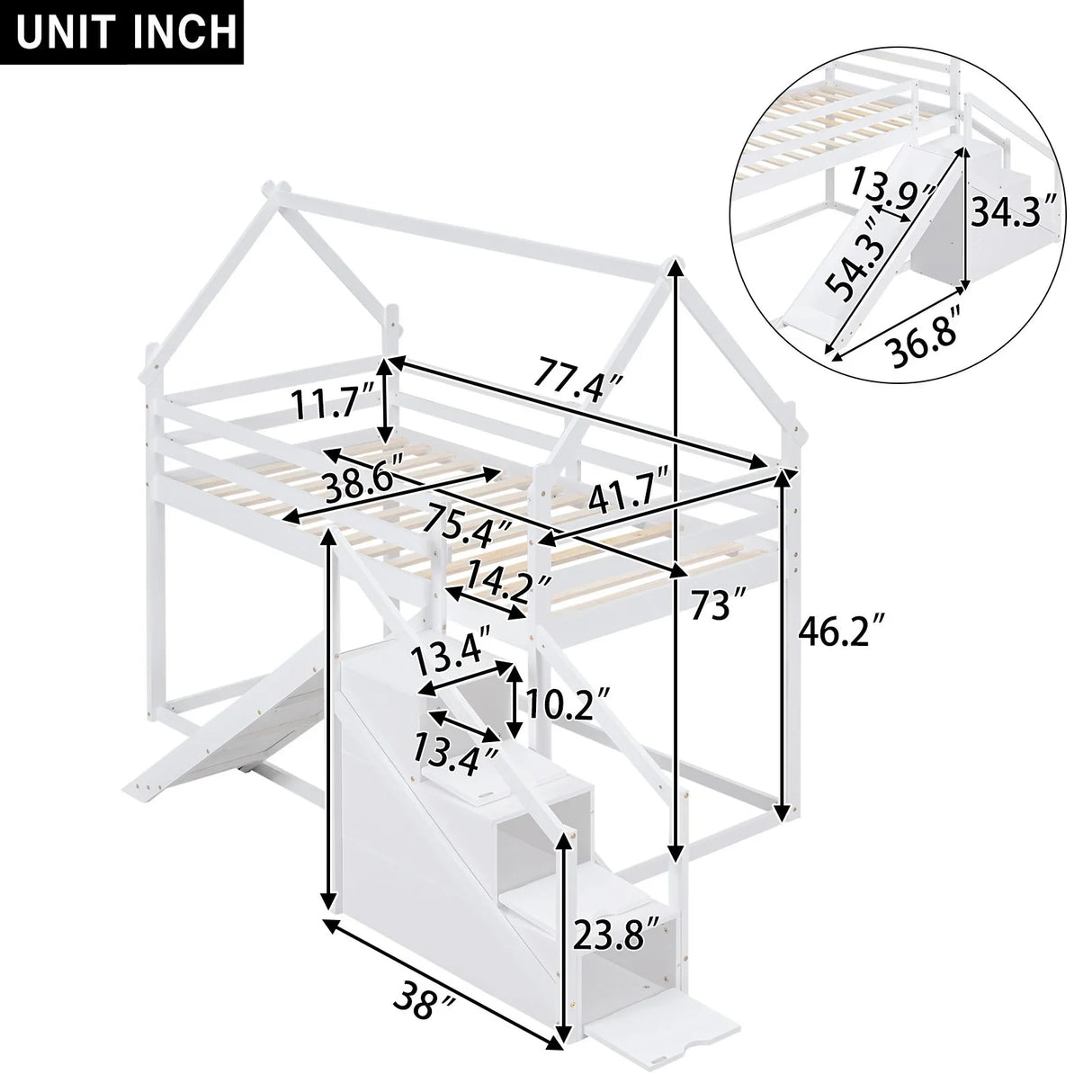 Twin Over Twin House Loft Or Bunk Bed With Slide And Staircase - Furniture Home Direct