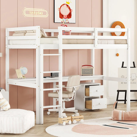 Loft Wood Bed With Under-Bed, Built-In Desk, A Storage Cabinet Of 2 Drawers, Guardrails, Ladder - Furniture Home Direct