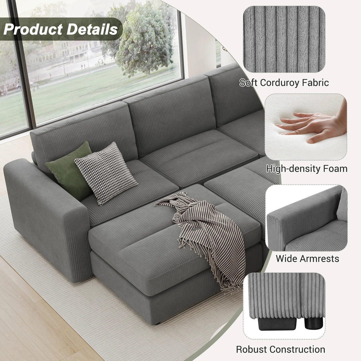 121.3" Modular Sectional Sofa with Two Movable Ottomans, Gray - Furniture Home Direct