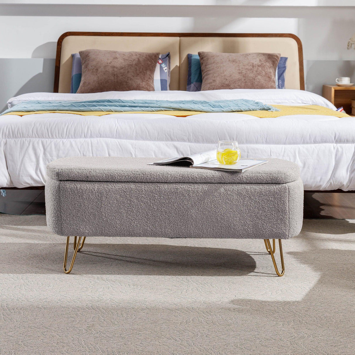 Storage Ottoman Bench For End Of Bed Gold Legs, Modern Camel Faux Fur Entryway Bench Upholstered Padded With Storage For Living Room Bedroom - Furniture Home Direct