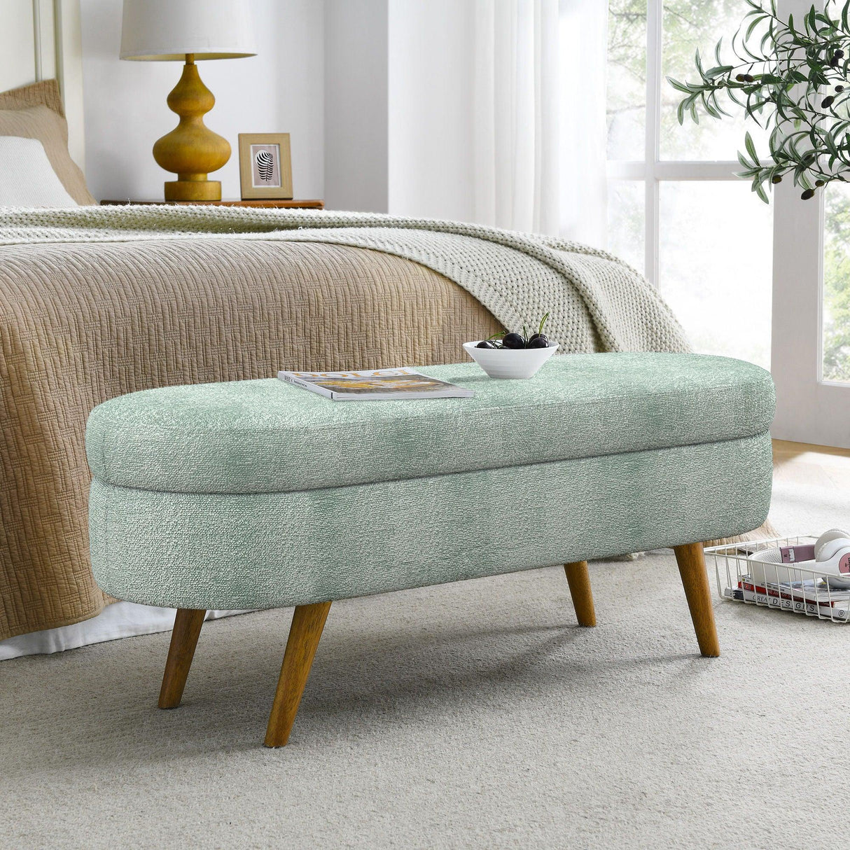 Modern Ottoman Oval Storage Bench With Rubber Wood Legs - Furniture Home Direct