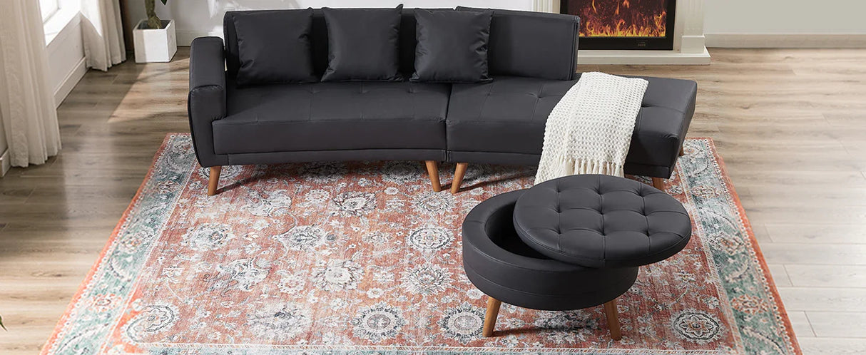 107 Inch Black Sectional With Round Storage Ottoman - Furniture Home Direct