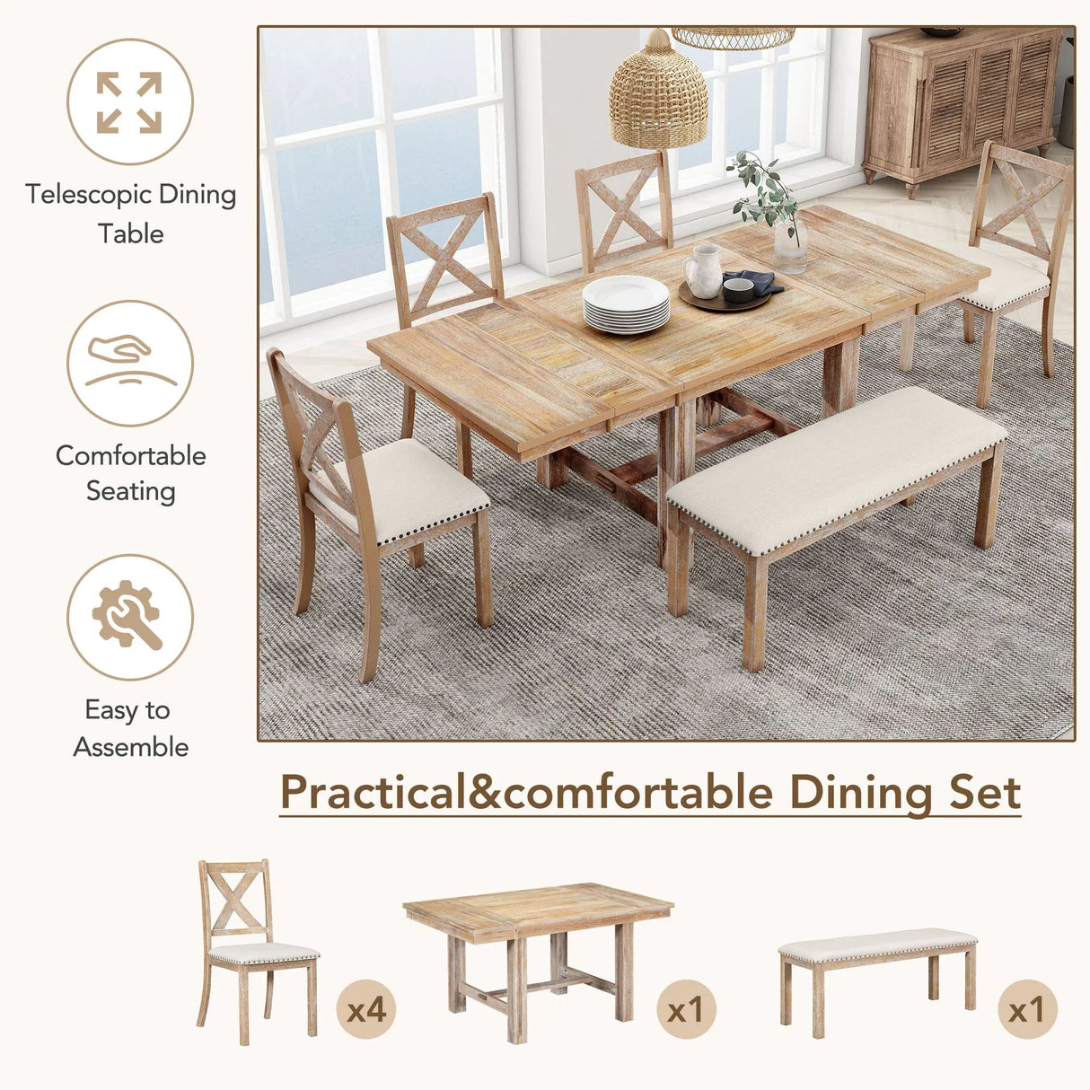 Topmax - 6 Piece Farmhouse Extendable Dining Table With Footrest, 4 Upholstered Dining Chairs And Dining Bench, Two 11" Removable Leaf - Furniture Home Direct