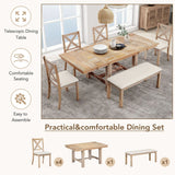 Topmax - 6 Piece Farmhouse Extendable Dining Table With Footrest, 4 Upholstered Dining Chairs And Dining Bench, Two 11" Removable Leaf - Furniture Home Direct