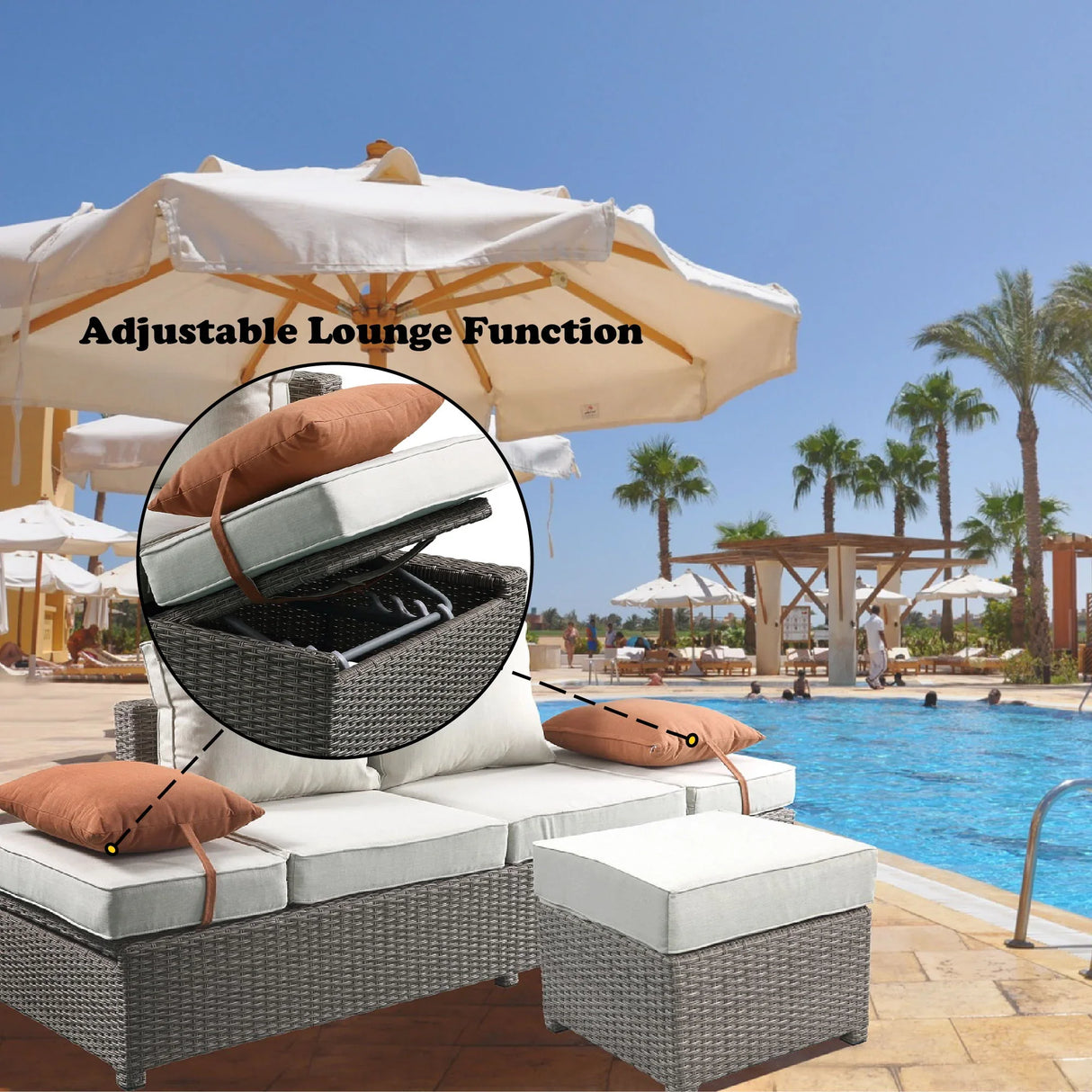 Salena - All Weather Wicker Patio Sofa & Ottoman With 2 Toss Pillows - Beige / Gray - Furniture Home Direct