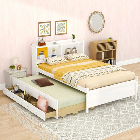 Bed With USB & Type-C Ports, LED Light, Bookcase Headboard, Trundle And 3 Storage Drawers, Bed With Bookcase Headboard, Trundle And Storage Drawers - Furniture Home Direct