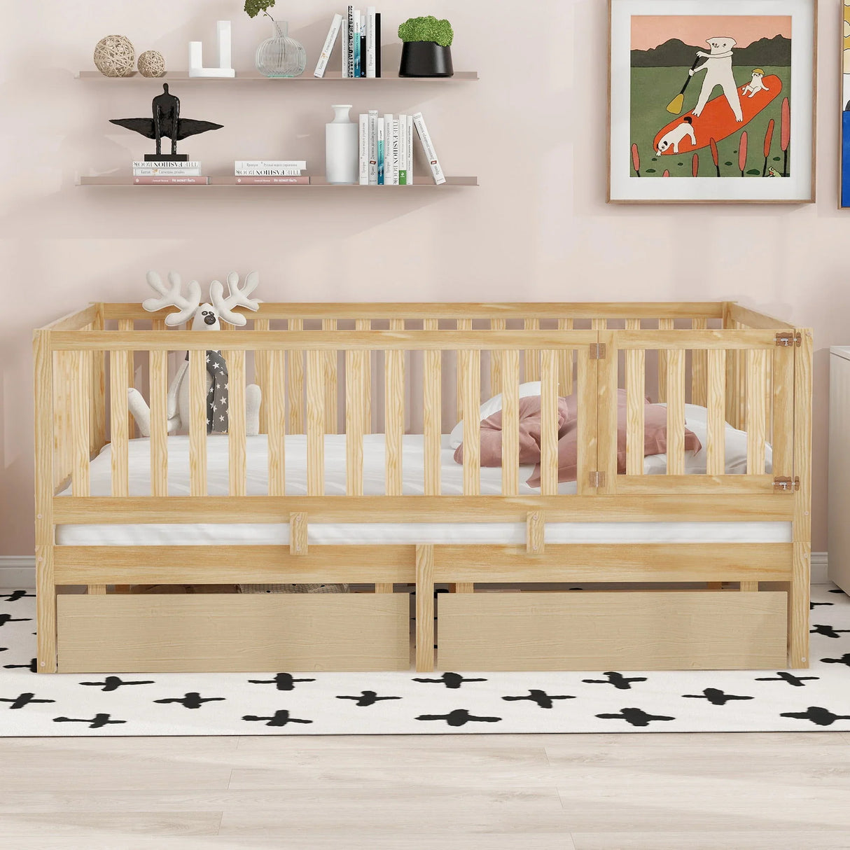 Daybed With Fence Guardrails And 2 Drawers, Split Into Independent Floor Bed & Daybed - Furniture Home Direct