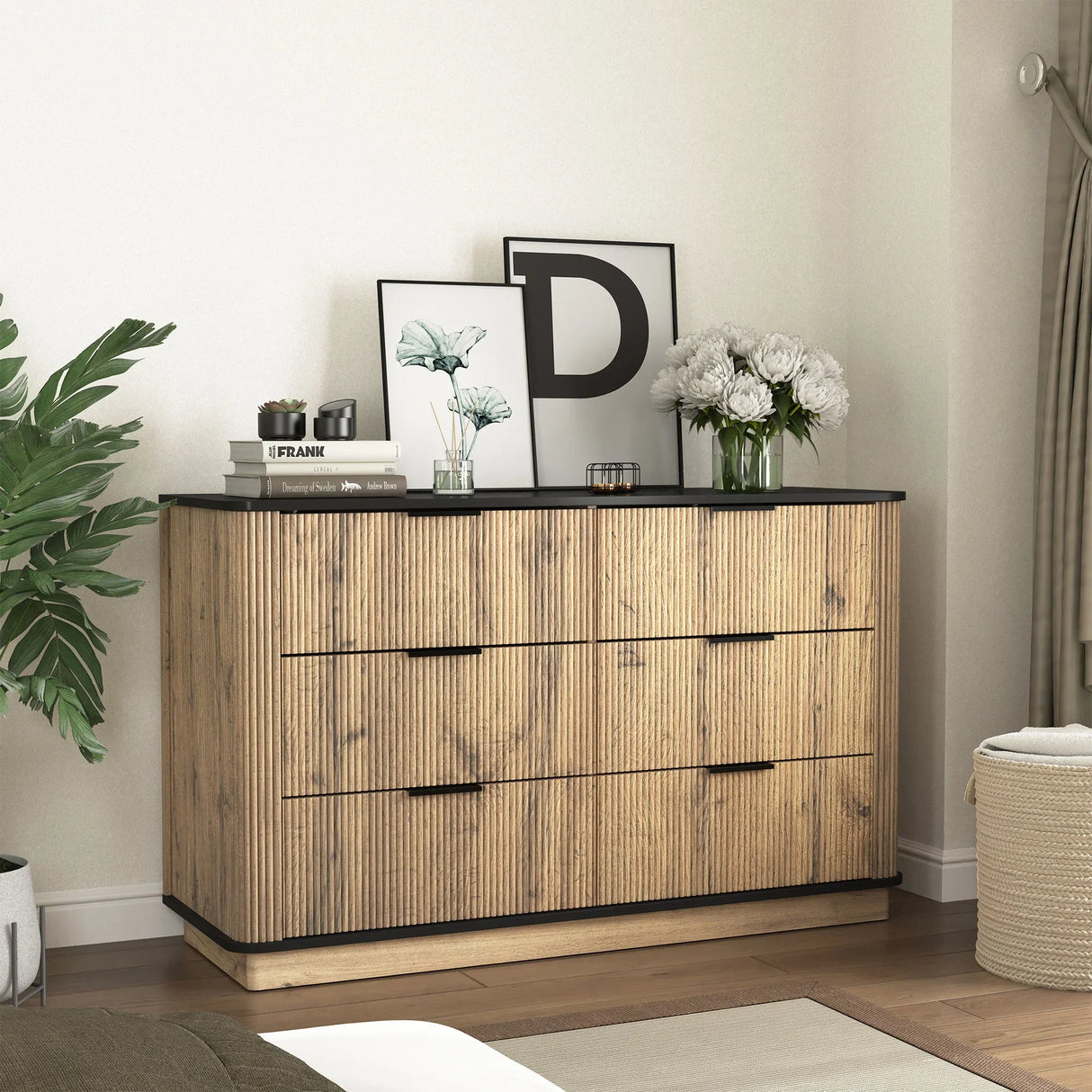 Modern 6 Drawer Cabinet With Metal Rounded Corners And Exquisite Handles Multi Functional Storage - Natural Wood - Furniture Home Direct