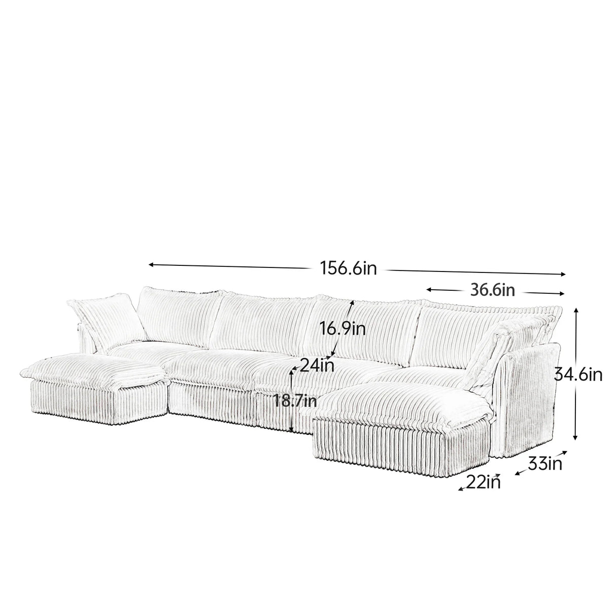 Sectional Sofa Corduroy U Shaped Plush Upholstered Cream - Furniture Home Direct