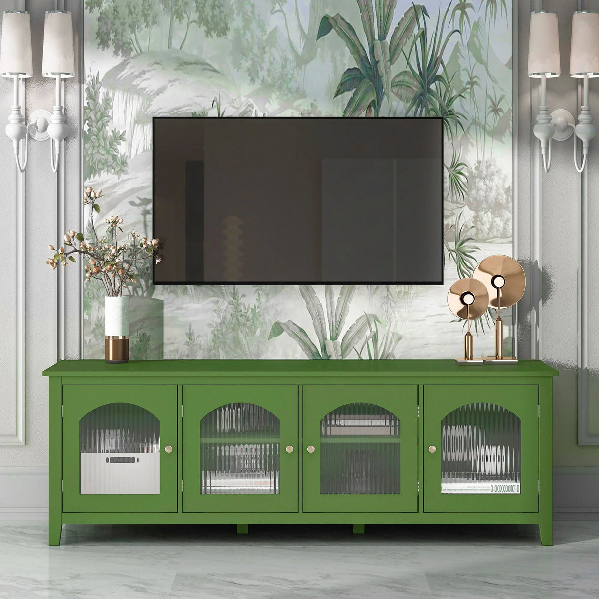 StylishTVcabinet Entertainment CenterTV Stand, TVconsoletable, Media Console, Solidwood Frame, Changhong Glass Door, Metal Handle - Furniture Home Direct