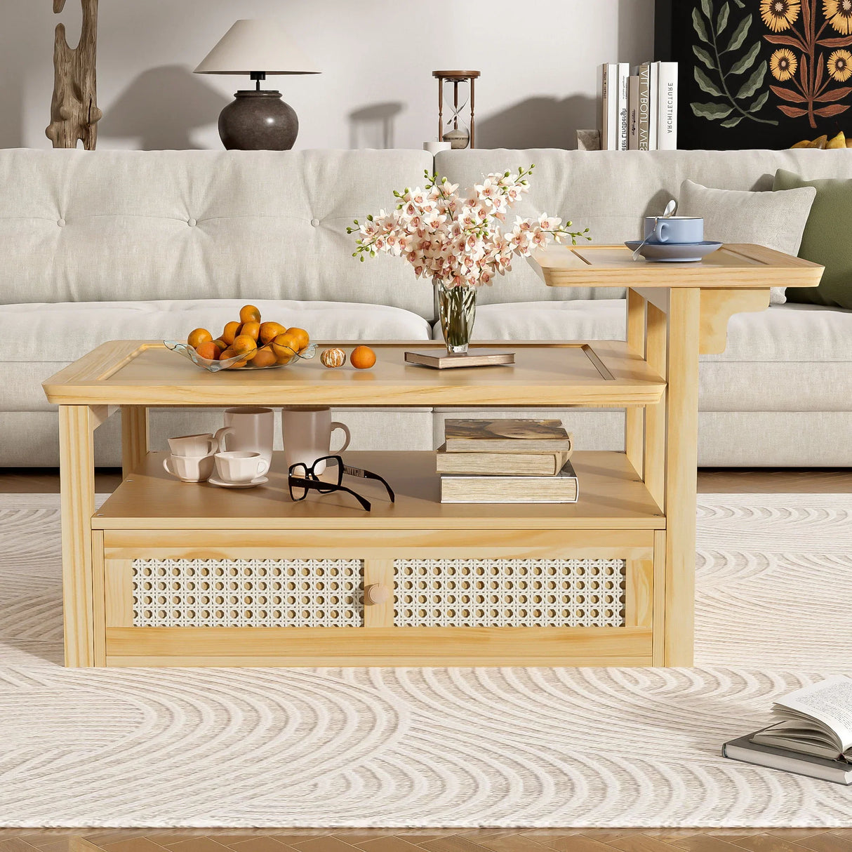 Coffee Table With 1 Storage Shelf, 2 Tabletops And 1 Rattan Drawer - Furniture Home Direct
