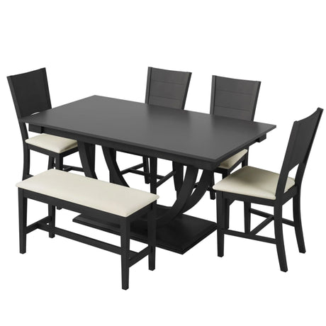 Topmax - 6 Piece Wood Half Round Dining Table Set Kitchen Table Set With Long Bench And 4 Dining Chairs, Modern Style - Furniture Home Direct
