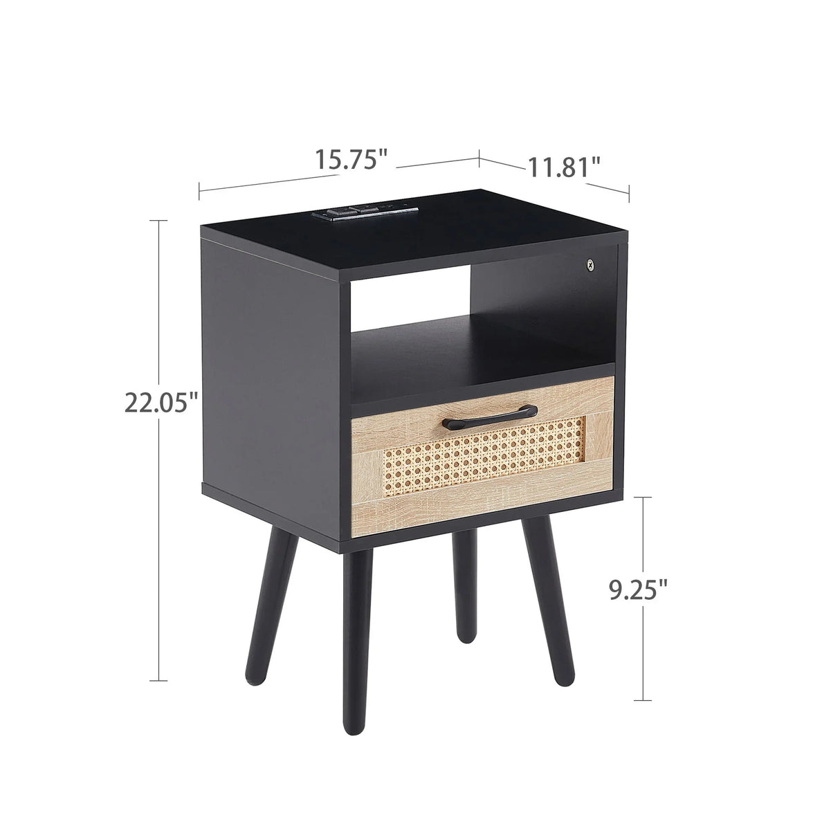 15.75" Rattan End Table With Power Outlet & USB Ports, Modern Nightstand With Drawer And Solid Wood Legs, Side Table For Living Room, Bedroom - Furniture Home Direct