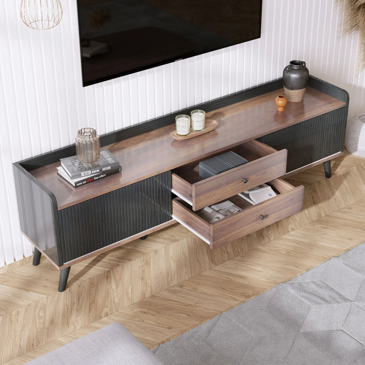Mid Century TV Stand With 2 Storage Compartments For Tvs Up To 70'' - Dark Coffee / Black - Furniture Home Direct
