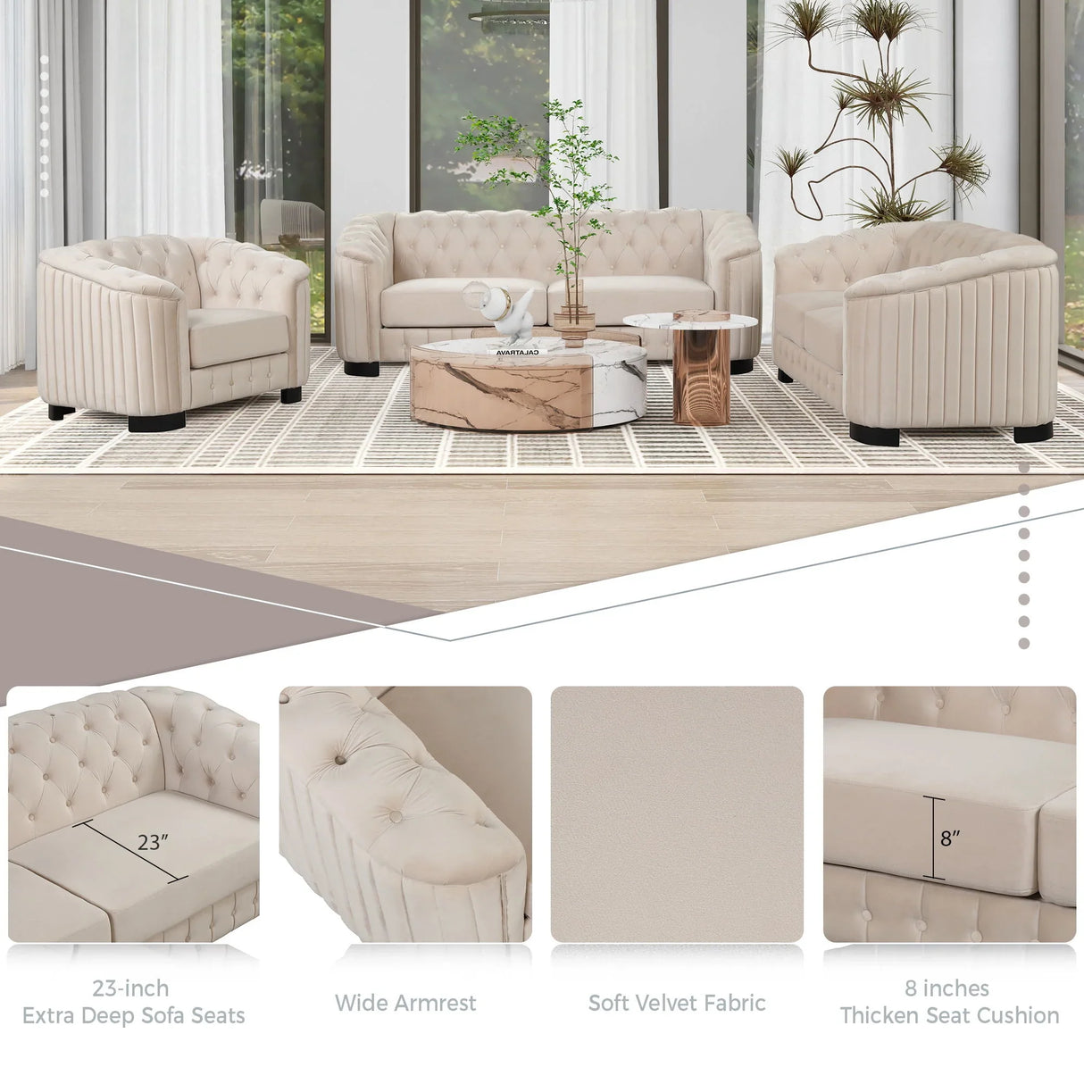 Upholstered 3 Piece Sofa Set With Legs - Furniture Home Direct