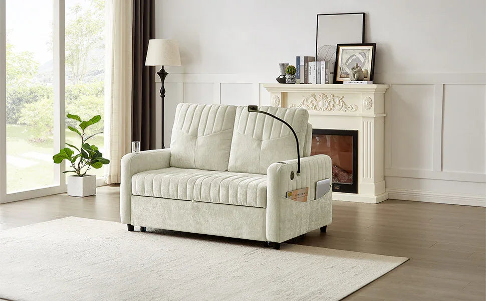 Sleeper Sofa With Adjustable Backrest, Two Cup Holders, Phone Holder, Three Charging Ports And Side Storage Pockets- Beige - Furniture Home Direct