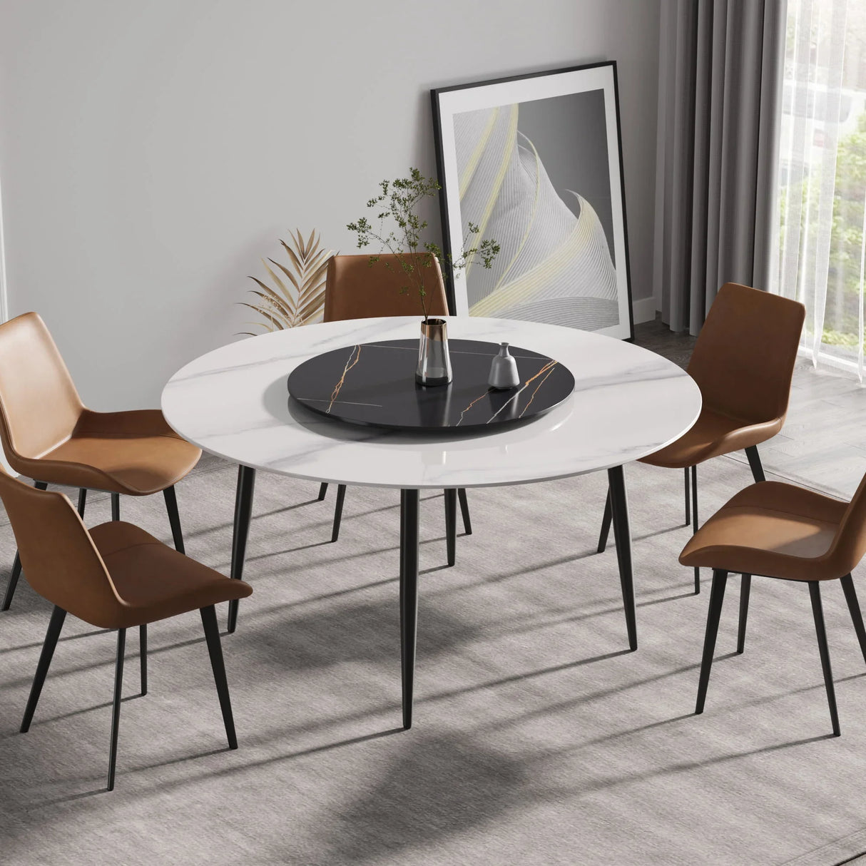 Modern Artificial Stone Round Dining Table, Can Accommodate 6 People Artificial Stone Turntable - Furniture Home Direct