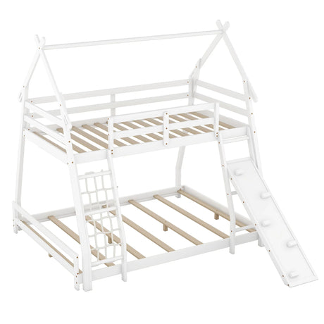 Twin Over Queen House Bunk Bed With Climbing Nets And Climbing Ramp - Furniture Home Direct