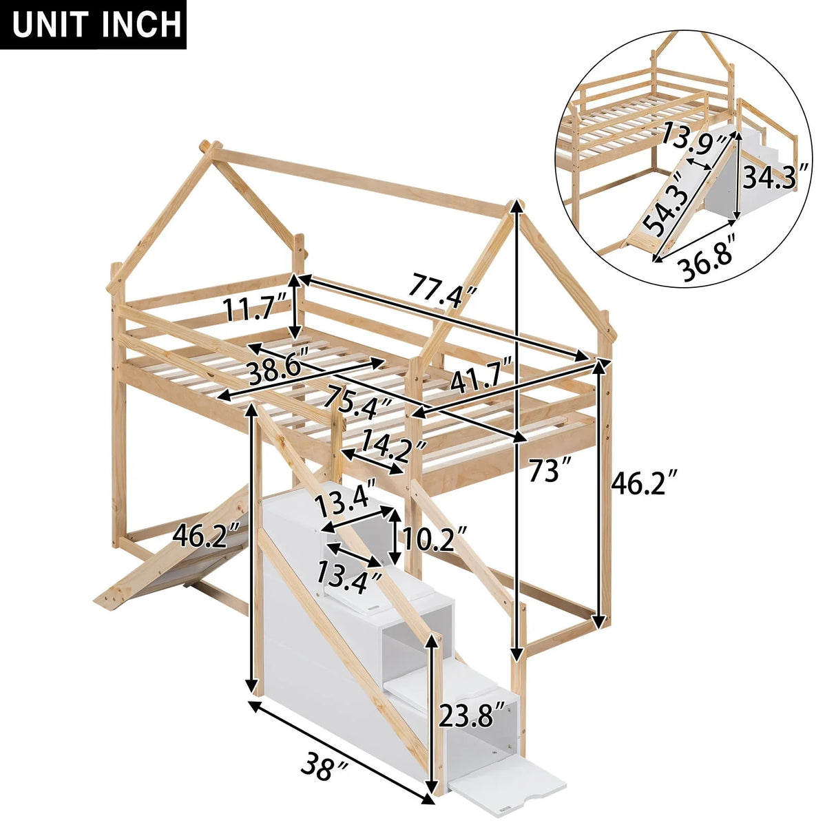 Twin Over Twin House Loft Or Bunk Bed With Slide And Staircase - Furniture Home Direct