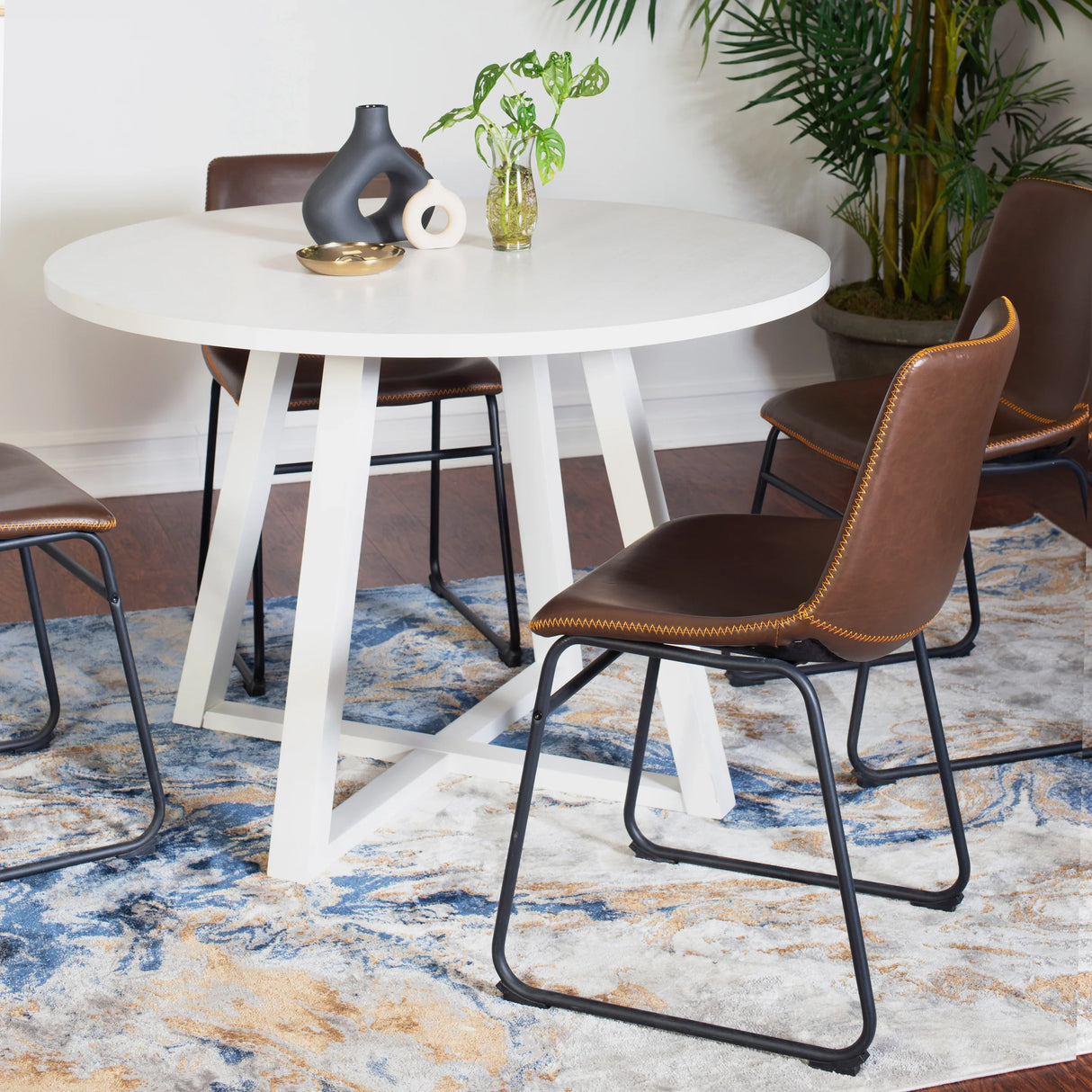 Round Dining Set with Leather Chairs Seats For Four White - Furniture Home Direct