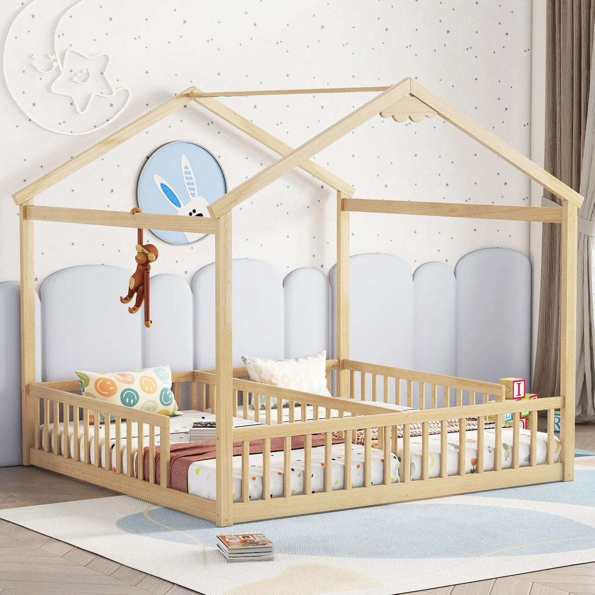 Double Twin House-Style Floor Bed With Fence, Guardrails, Without Door - Furniture Home Direct