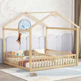 Double Twin House-Style Floor Bed With Fence, Guardrails, Without Door - Furniture Home Direct