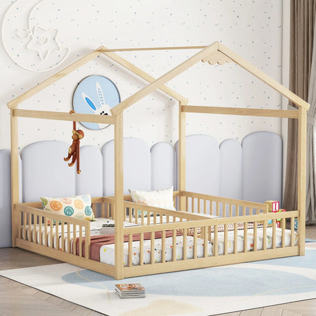 Double Twin House-Style Floor Bed With Fence, Guardrails, Without Door - Furniture Home Direct