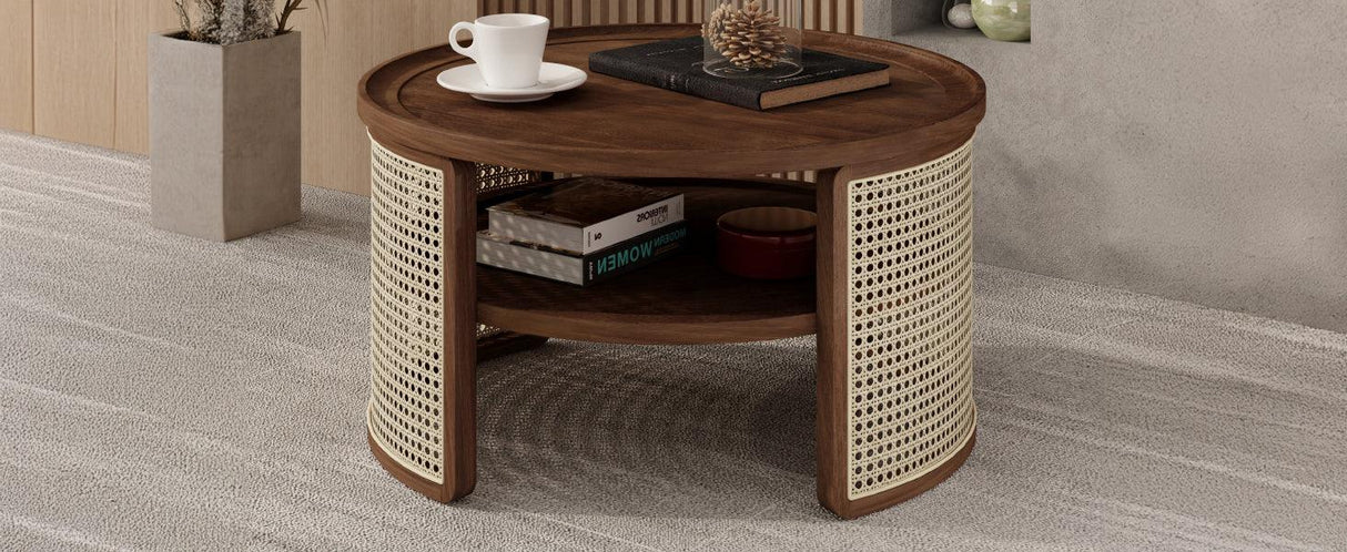 2-Tiered Round Walnut Wood Coffee Table - Furniture Home Direct