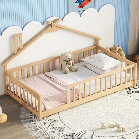 House-Shaped Bedside Floor Bed With Guardrails, Slats, Without Door - Furniture Home Direct