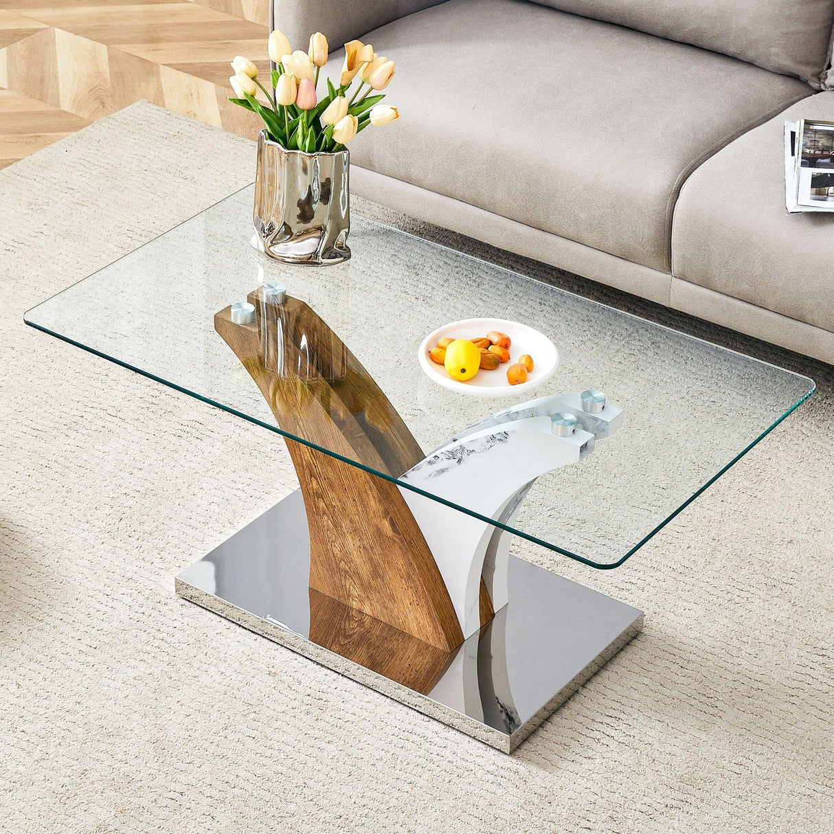 Artistic Rectangular Coffee Table With Tempered Glass Countertop - Furniture Home Direct