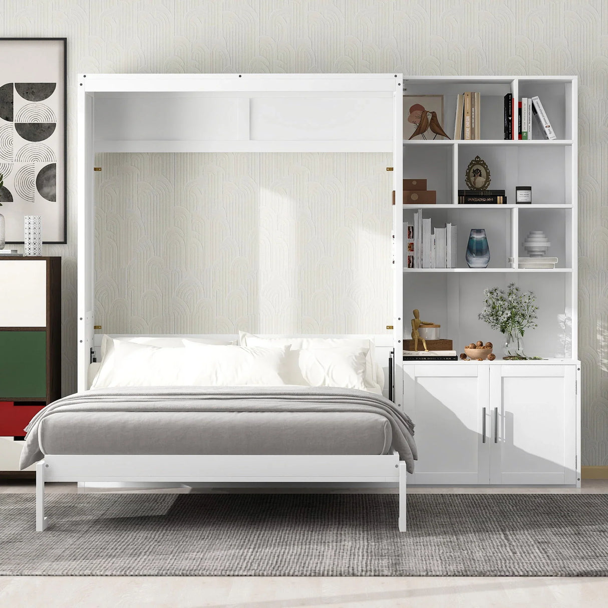 Full Size Murphy Bed With Multiple Storage Shelves - White - Furniture Home Direct