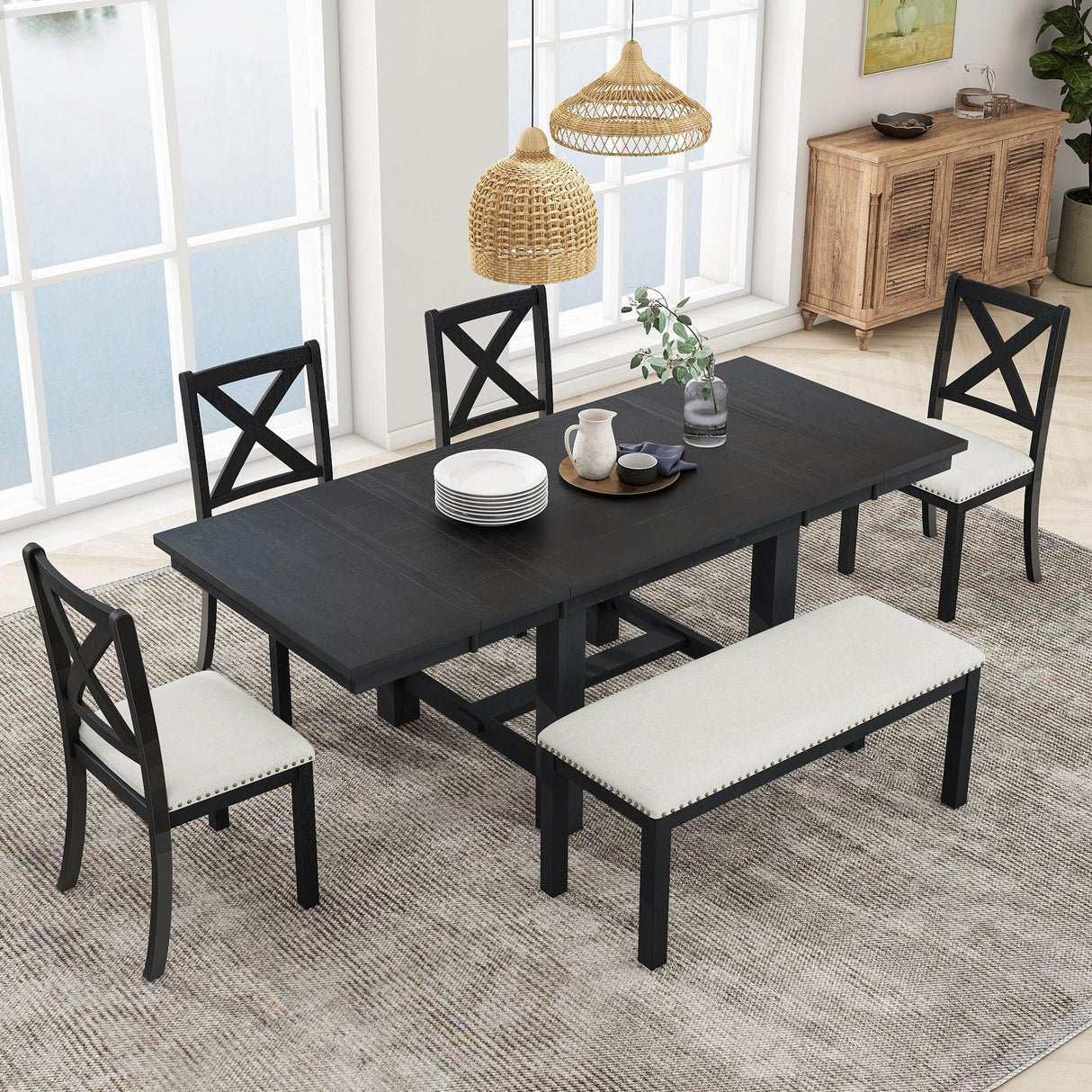Topmax - 6 Piece Farmhouse Extendable Dining Table With Footrest, 4 Upholstered Dining Chairs And Dining Bench, Two 11" Removable Leaf - Furniture Home Direct