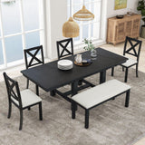 Topmax - 6 Piece Farmhouse Extendable Dining Table With Footrest, 4 Upholstered Dining Chairs And Dining Bench, Two 11" Removable Leaf - Furniture Home Direct