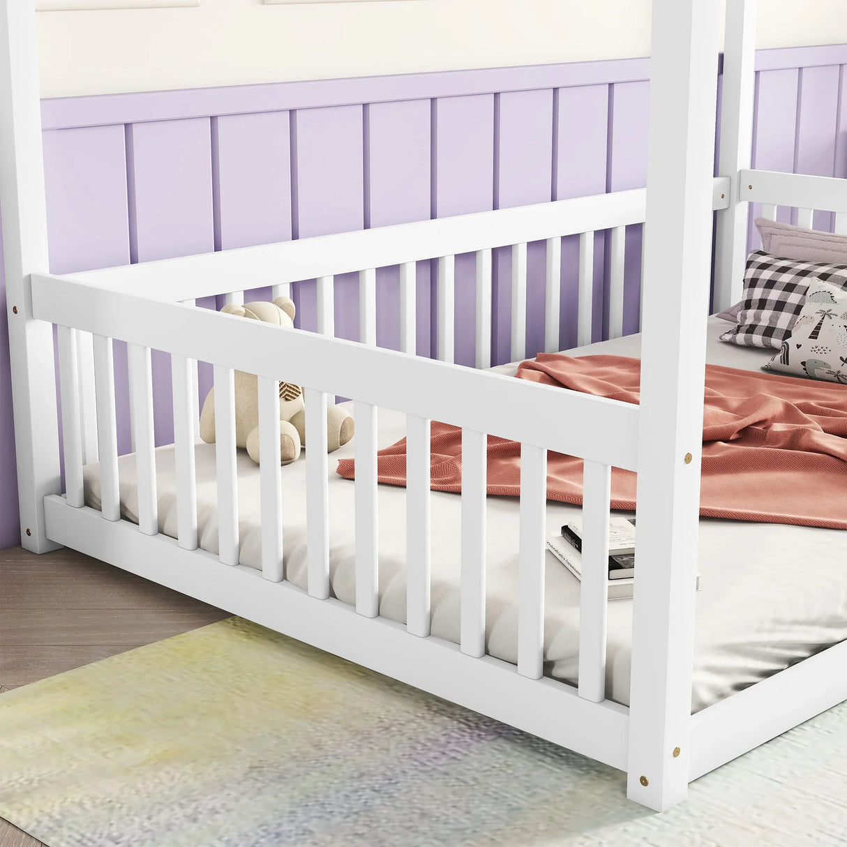 Canopy Frame Floor Bed With Fence, Guardrails - Furniture Home Direct